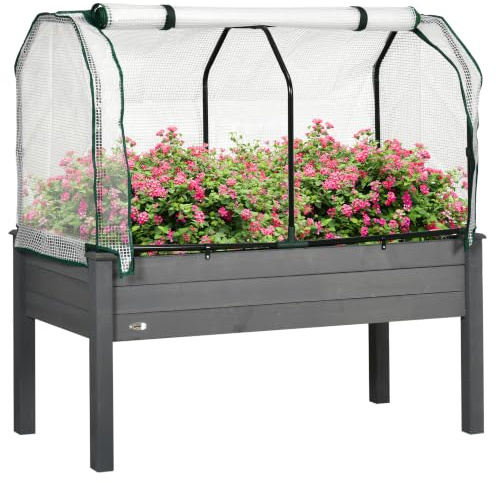 Outsunny Potager sur Pieds surélevé avec Bâche PE 121x55x117cm Gris Foncé | Jardinière Surélevée Potager Avec Serre, Volume 104 L, Trous de Drainage, Tissu Non Tissé, pour Plantes Fleurs Légumes