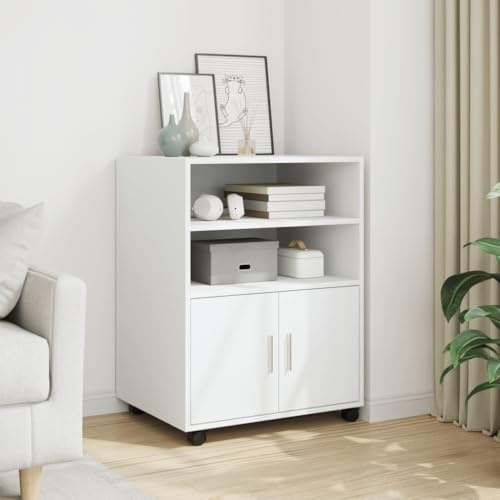 RMIHSJG Mobile a rotelle bianco, 60 x 48 x 81 cm, in legno con ripiani e ante dell'armadio, 4 ruote girevoli, per soggiorno, cucina, camera da letto, durevole, facile da pulire