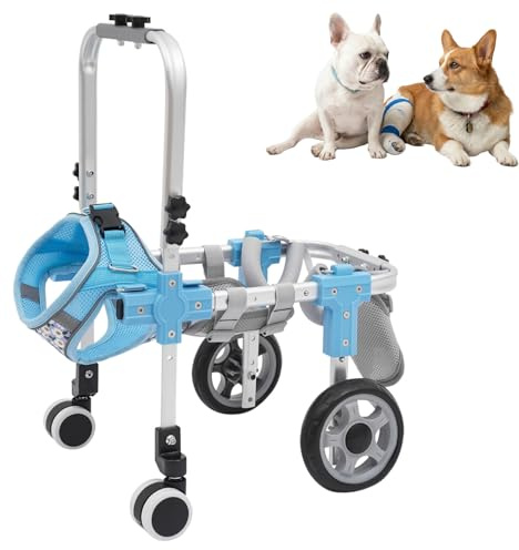 4-Wheel Dog Wheelchair for Back Legs, Adjustable Pet Rehabilitation Walking Aid & Mobility Support Cart for Small/Medium Dogs, Rear Leg Support Walker, Fits Pets 11-16.5 lbs - Blue S