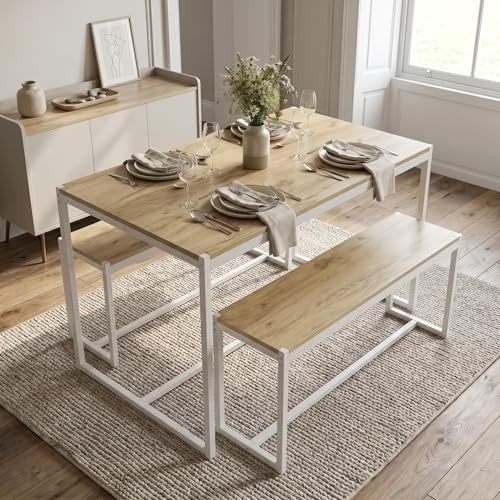 Blisswood Dining Table with 2 Benches, 110cm Industrial Kitchen Table Set for Small Spaces, Wooden 4 Seater Dining Table with Metal Frame, Space Saving Dining Room Furniture for Home & Apartment, Oak