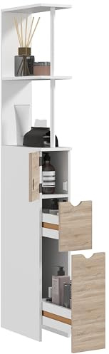 HOMCOM Columna Auxiliar de Baño Estrecha Armario Alto de Baño Moderno Mueble Auxiliar con 2 Estantes 2 Cajones y 1 Puerta Antivuelco 15x33x136,8 cm Natural
