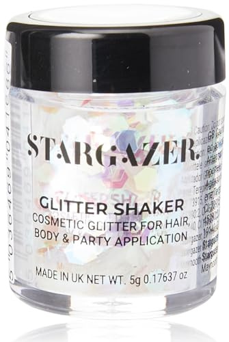 Stargazer Chunky Glitter Shaker, UV White. Cosmetic glitter for use on the eyes, lips, face, body, hair and nails.