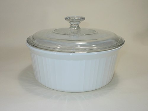Vintage Corning Ware FRENCH WHITE pattern 9” inch ROUND SOUFFLE DISH 2.5 LITRE / 2.6 QUART PYROCERAM GLASS – smooth bottom ALL WHITE BAKING CASSEROLE with PYREX CLEAR GLASS LID Mfg # F-1-B (F 1 B) F