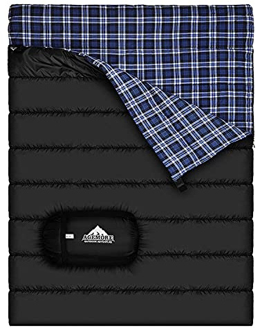 AGEMORE Cotton Flannel Double Sleeping Bag for Adults, Queen Size 2 Person Sleeping Bag for Camping Biking or Backpacking, Waterproof & Lightweight for Truck,Tent or camper van