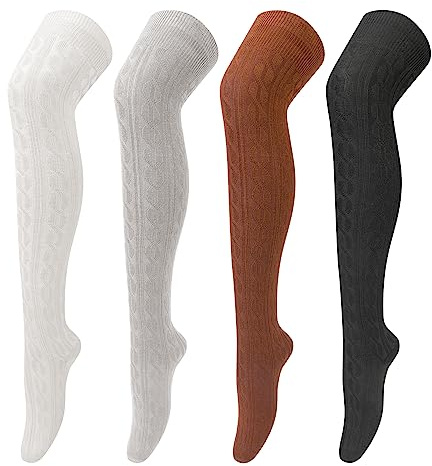 Loritta 4 Pairs Thigh High Socks for Women Knit Long Over the Knee Socks Knee High Socks Gifts,A-black/Brown/Grey/Cream White