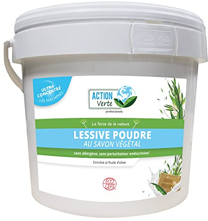ACTION VERTE - Lessive poudre parfumée concentrée - Elimine toutes les taches - Textiles blancs et couleurs - 145 lavages - Certifié Ecolabel - Sans allergène - Fabrication Française