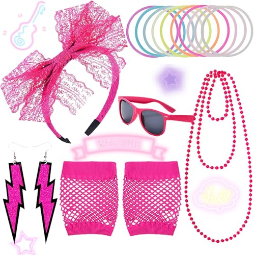 Zeaying 80er Jahre Outfit Damen Accessoires Set, Perlenkette Pink Neon, Netzhandschuhe Pink Neon, Ohrringe 80er Jahre, Faschingskostüme Damen 80iger, Mädchen Frauen Night Out Party Kostüm Zubehör