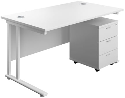Office Hippo Heavy Duty Rectangular Cantilever Office Desk, Home Office Desk With 3 Drawer Lockable Mobile Pedestal Cabinet, File Cabinet, 5 Yr Wty, White Frame, White, 140 x 80 cm