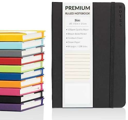 A5 anteckningsbok linjerad linjerad dagbok med konstläder hårt omslag och premium 120 gsm tjockt papper (128 gräddfärgade sidor, svart)