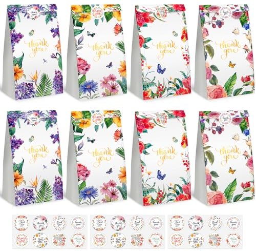 Koogel 24 Stück Bunte Geschenktüten, Thank you Papiertüten, 22 cm x 12 cm x 8 cm Partytüten mit Aufkleber zum Verpacken von Geschenken, Giveaways, Kindergeburtstag, Hochzeit