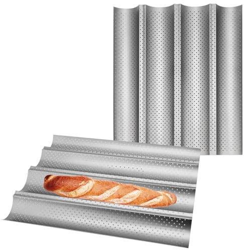 CHUENKUK Pack of 2 Baguette Tray (for 4 Baguettes) Baguette Mould Baguette Tray for Baguettes, French and Italian Bread, 38 x 33 x 2.4 cm, Silver
