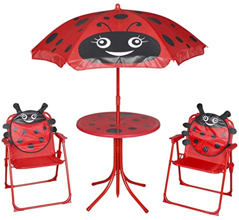 WEMYUFURN Set di 3 bistrelli da giardino per bambini con ombrellone, rosso, set di sedute per esterni, da giardino, resistente alle intemperie, confortevole, per terrazza, giardino e balcone
