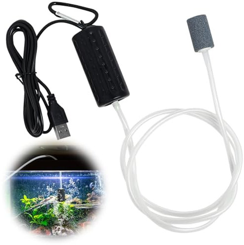Mini Aquarium Air Pump USB Fish Tank Oxygen Air Pump Ultra Silent Air Aerator Pump Energy Saving Oxygen Bubbler Portable Fish Tank Bubbler with Air Stone Single Outlet Silicone Tube and Carabiner(1 W)