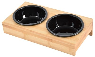 Love Story, Doppia ciotola in ceramica nera + supporto in bambù naturale, D16 cm, 37 x 19,5 cm