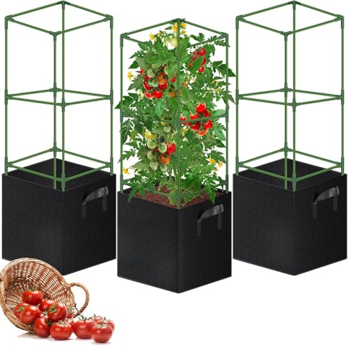 Paquete de 3 jaulas cuadradas de tomate con bolsas de cultivo de 15 galones, kit de estacas de soporte de plantas de jardín de acero resistente mejorado de 46 pulgadas, enrejado de flores y verduras