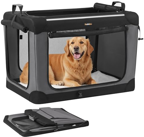 Feandrea hopfällbar hundbur, 91,4 cm transportbur för stora hundar, hundväska, Oxford-tyg, med 4 nätdörrar, handtag, fickor för mat och vattenflaska, bläcksvart PDC019B01