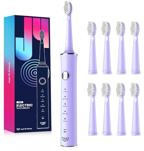 JTF Spazzolino Elettrico, Spazzolino da denti Sonico con 8 Testine, 5 Modalità & Smart Memory, Timer 2 Min, IPX7 Impermeabile, Rechargeabilité, Ricarica Rapida 3H, Adulti (Viola)
