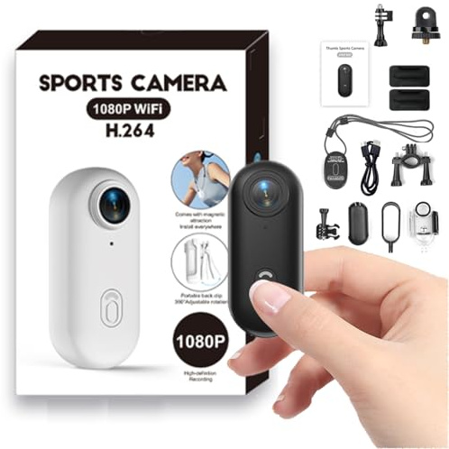Winnes Mini Camera Sport 1080P WiFi Caméra Vlog Objectif Grand Angle de 120°,Thumb Camera Action IP68 Étanche à 30M,Batterie 800 mAh Convient pour Vélo,Ski,Plongée,Animaux