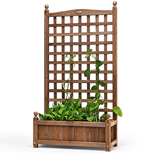 COSTWAY Fioriera da Esterno in Legno Massiccio con Traliccio, Letto Rialzato con Grigliato per Piante Rampicanti e Fiori, Fioriera Resistente alle Intemperie per Giardino, Patio e Cortile