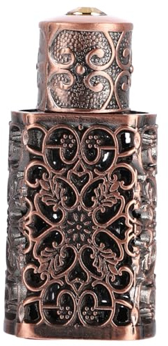 MUELODSIC Botella de Perfume Vintage de Metal y Vidrio 3 Ml Grabado Hueco, Dispensador Hermético Antiderrame para Aceites Esenciales, Adecuado para Viajes y Aromaterapia