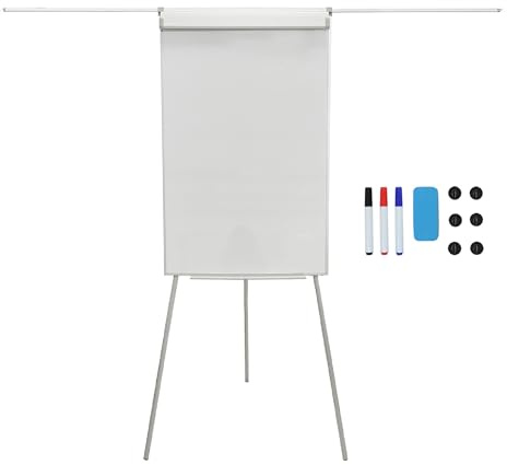 Lavagna a Fogli mobili Relaxdays, Magnetica, Regolabile in Altezza, a treppiede, Telaio in Alluminio, 100x70 cm, Bianca