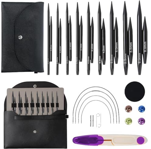 Lot de 9 paires d'aiguilles à tricoter circulaires courtes interchangeables de 3 à 6 mm avec mini aiguilles de 5,3 cm, 4 cordons de 19 à 40 cm, avec sac et accessoires, kit d'aiguilles à tricoter