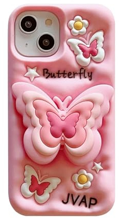 QoKcoahn fodral för iPhone 17 Pro Max, söta 3D Kawaii-telefonfodral rolig rosa fjäril blomskydd med stativ tecknat skydd, mjukt silikongel droppskyddande fodral kvinnor flickor för iPhone 17 Pro Max