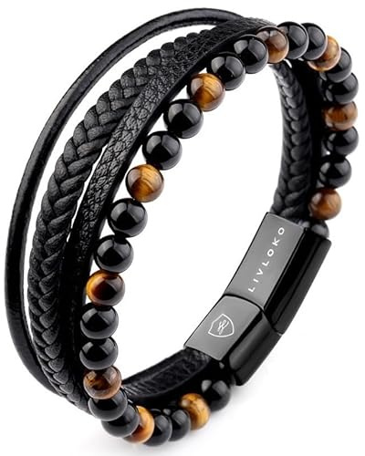 LIVLOKO LONDON Gift Boxed Mens Bracelet Leather Black Multi-Layer Tiger Eye Stone Beads Magnetic Steel Clasp Viking Rope Bands Surfer Man Wristband Male UK Jewellery Gift box Husband Boyfriend Dad Son