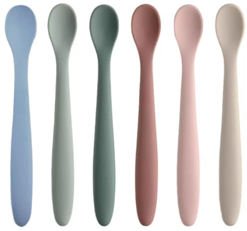 ROXANEPIG 6PACK Silicone Baby Feeding Spoons, First Stage Infant Spoons, Soft-Tip Easy on Gums I Baby Training Spoon | Infant Utensils Feeding Supplies, Dishwasher & Boil-Proof (A)