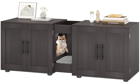 Garvee Mueble Arenero Gatos Doble de Madera MDF, Casa Oculta para 2 Cajas de Arena Grandes, Armario Estilo Mueble TV para Pasillo y Salón, Diseño Muy Espacioso de 140x45x57 cm, Color Nogal