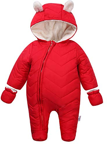 DINGDONG'S CLOSET Bébé Garçon Fille Hiver Matelassée à Capuche Combinaisons de Neige Snowsuit avec Gants(Rouge,9-12Mois)