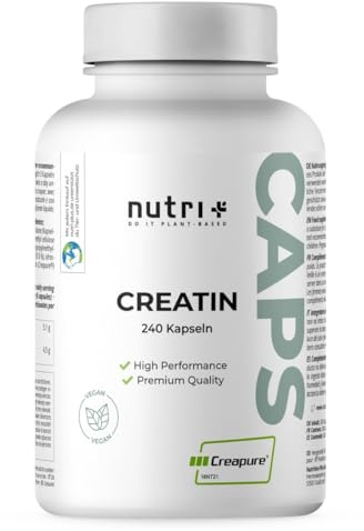 Nutri + Creatin Creapure Kapseln mit 850 mg Creatinmonohydrat Pulver - 100% rein, vegan + hochdosiert - 240 hochwertige Kreatin Caps aus Deutschland