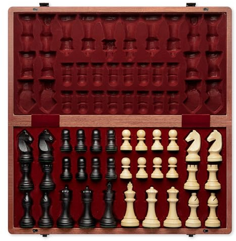 A&A Premium Folding Chess Set, 19 Wooden Board & 3.75 King Height Staunton Pieces with 2 Extra Queens, Portable Travel Game Set (Natural Mahogany, 19 Inches)
