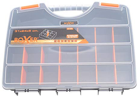 Boxer® Sortimentskoffer mit 21 Fächern – 31 x 24 x 5 cm – Verstellbare Einsätze – Robuster PP-Kunststoff – Schwarz Orange Transparent