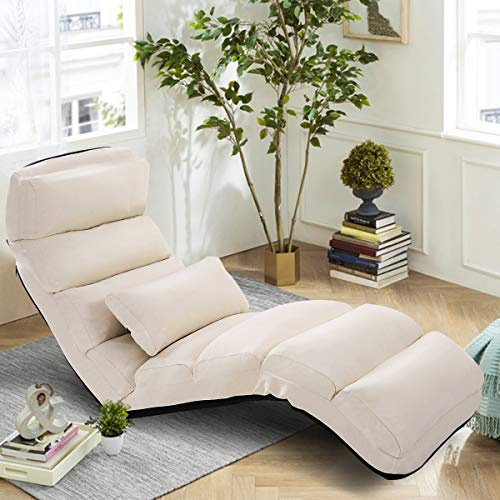 COSTWAY Fauteuil Relax Pliable, Réglable sur 5 Positions Chaise de Relaxation Rembourrée Fauteuil Sol pour Salon, Bureau, Chambre, Beige