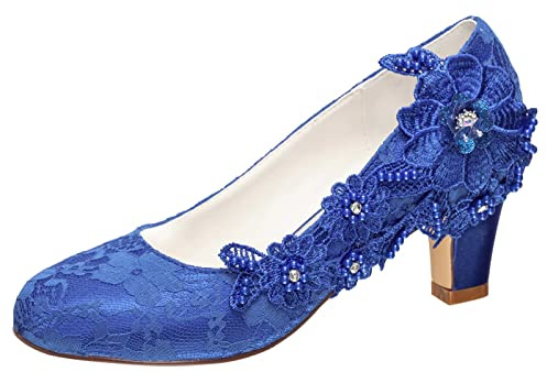 Emily Bridal Zapatos Nupciales De Mujer satén Sedoso Tacón Ancho Salón con Encaje Flor Crystal Perla (EU39, Azul)
