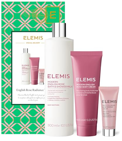 Elemis Limited Edition English Rose Body & Skincare Trio, Spa Luxury Bath & Skin Pamper Hamper, Full Size Shower Milk, Body Cream & Travel Pro-Collagen Rose Marine Cream