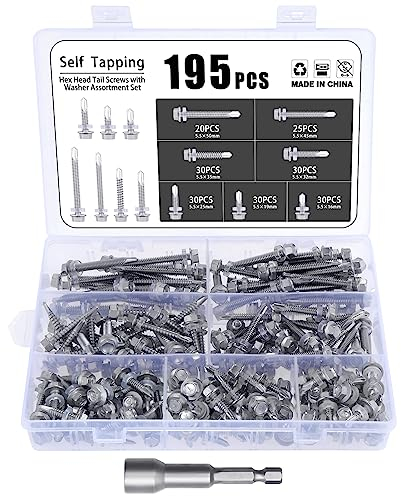 Gueenky 195 Pezzi Viti Autoperforanti a Testa Esagonale, 5,5 x 16-50 mm Viti Autofilettanti Acciaio Inox Viti Autoforanti Testa Esagonale, Viti Autofilettanti Metallo con Bussole per Avvitatore