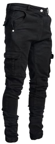 Men's Casual Skinny Cargo Pants Black Straight Slim Fit Cargo Jeans Pants,857 Black,Size 32