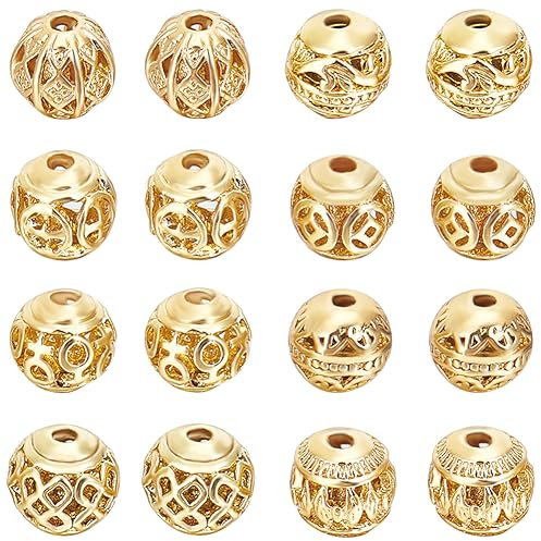Beebeecraft 1 Box 32 Stück Goldene Runde Perlen 18K Vergoldetes Messing Hohlperlen 8 Stil Abstandsperlen Lose Perlen Für Ohrringe Armbänder Taillenketten Halsketten Schmuck Basteln
