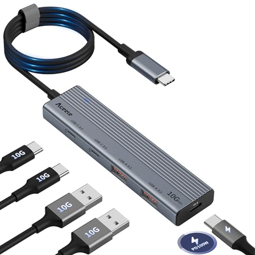 Aceele Hub USB C Alimentato da 10Gbps con 2 USB-A e 2 Porte USB-C, Sdoppiatore USB 3.2 Gen 2 con Cavo Lungo 100cm & PD 100W, Adattatore Prolunga Multipla Per Laptop, PC Desktop, MacBook Pro/Air, iPad
