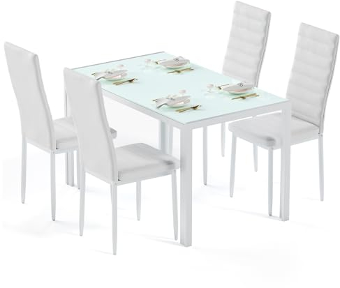 Bealife Esstisch mit 4 Stühlen Set, Esstisch und Stühle für 4 Personen, Esszimmer 6 Stühle und Tisch, Set mit Esstisch und Stühlen für Küche, Esszimmer und Wohnzimmer (Weiß, 4stühle)