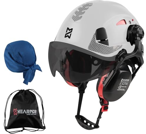 HEARMOR Schwarz Schutzhelm mit Visier und Gehörschutz, EN 397 zertifizierter belüfteter Arbeitshelm, 6-Punkt-Befestigung, ideal für Industrie und BAU