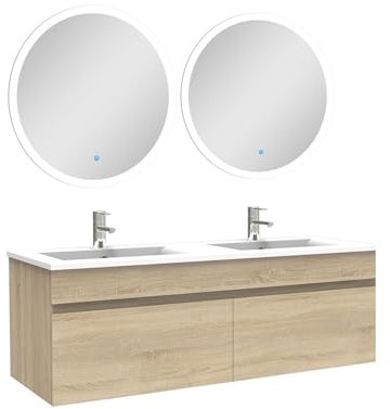 AICA Ensemble Meubles Salle de Bain Double Vasque 120cm + Miroir Lumineux Chêne Wotan