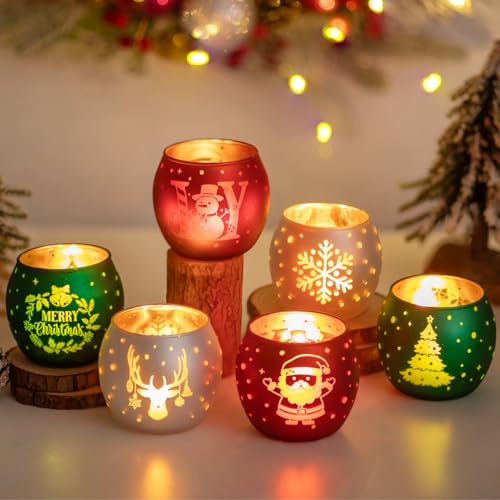 Glasseam Teelichtgläser Weihnachten Teelichthalter Glas: Kerzenhalter 6er Set Rot Grün Weiß Kerzengläser für Weihnachtsdeko Tisch Windlicht Kerzenglas für Wohnzimmer Party Geschenk Adventsgesteck