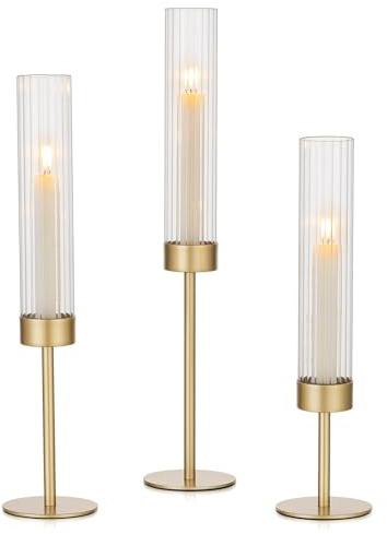 Hewory Gold Hurricane Candle Holders: Brass Candlestick Holders Set of 3 Tall Taper Candle Holders for Candlesticks Candle Sticks Holder Decor for Table Centerpiece Wedding Party Christmas Decorations