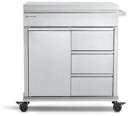 BURNHARD® Grill Beistellwagen mit Edelstahl-Arbeitsfläche, Grilltisch, 4 Soft-Close Schubladen, Vollgummi-Rollen – kompatibel mit Earl & FRED Gasgrills