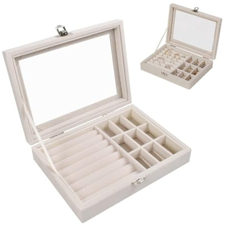 Hsyadazi 1 portagioielli con coperchio in vetro, con lucchetto, portagioie da viaggio, da donna, per collana, orecchini, anello, scatola per gioielli (beige)