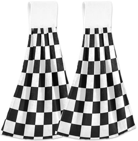 Amooorous Schwarz-weißes kariertes Badetuch mit Schlaufe, 2 Handtücher, Waschlappen, Geschirrtücher