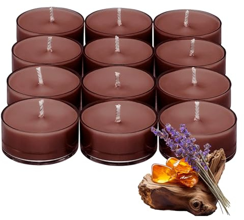 PartyLite Tea Lights Candles, Amber and Smoked Patchouli with Lavender Scent, Gift Set of 12, Aromatherapy with up to 4 to 6 Hours Burn Time, Ideal for Home Decor, Holiday Gifting & Celebration